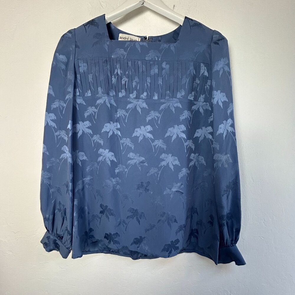 Vintage Andre Laug Womens Pleated Long Sleeve Blouse Size 10 Blue Made In Italy